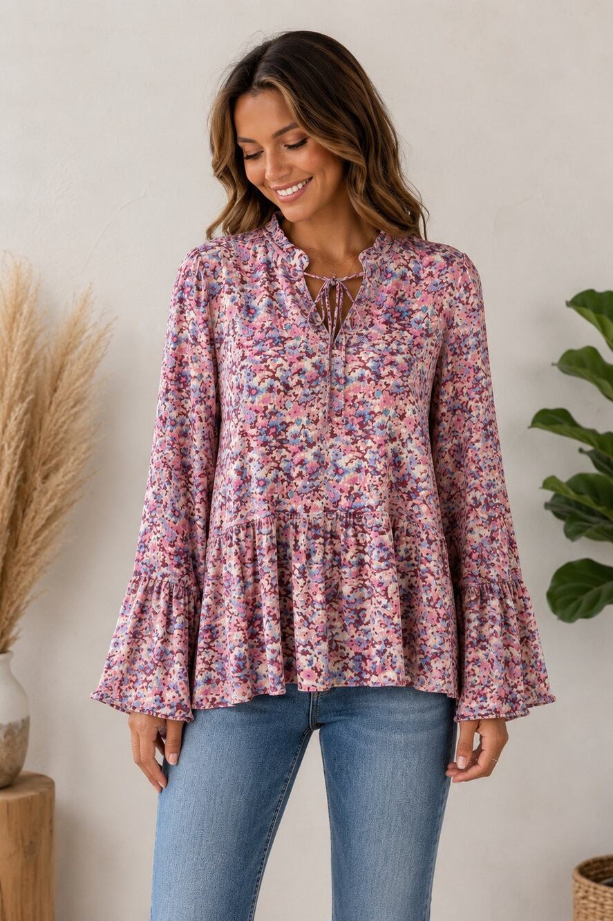 Ophelia Roe Floral Boho Bell Sleeve Flowy Peplum Blouse Size Large